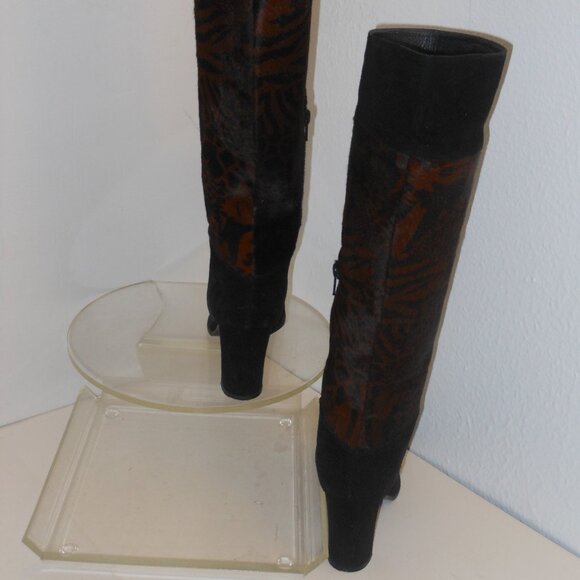 STUART WEITZMAN BLACK AND BROWN LEATHER & GENUINE FUR KNEE HIGH BOOTS SIZE 7.5 M - Picture 6 of 8